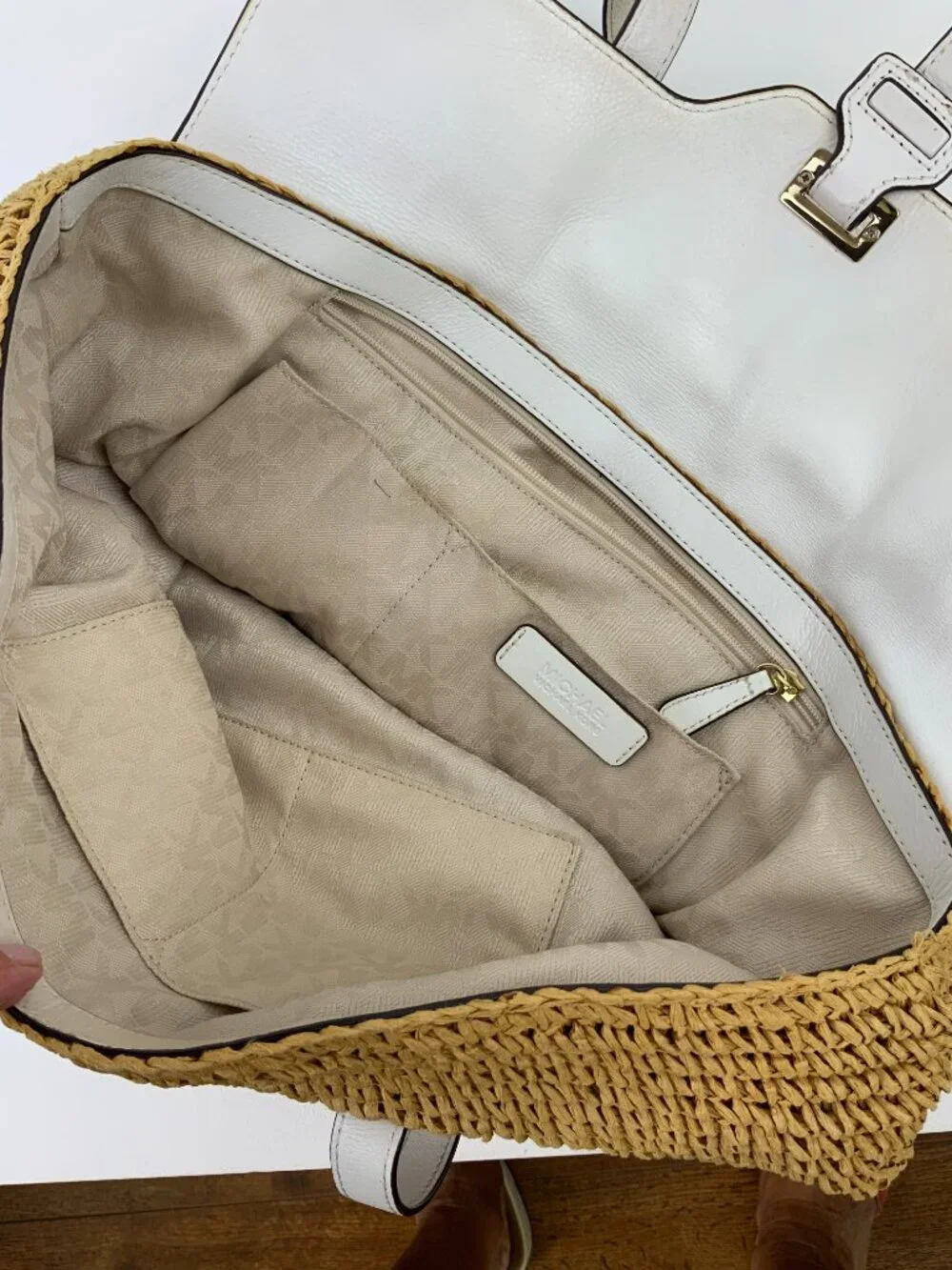 Michael Kors Naomi Straw Raffia Tote Bag White Leather Trim Vacation Summer